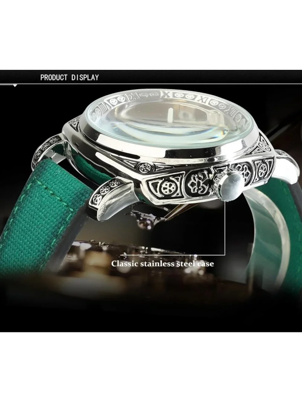 Men's Green Square Mechanical Leather Strap Self-Wind Carved Automatic Watch